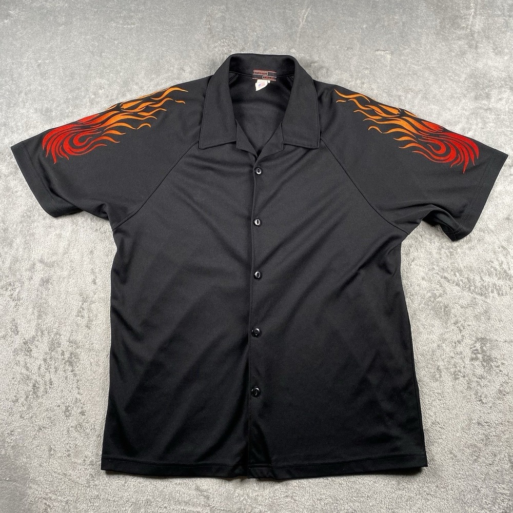 Vintage Studio YMLA Shirt Mens Size L Black Button Up Polyester Flames Rave USA